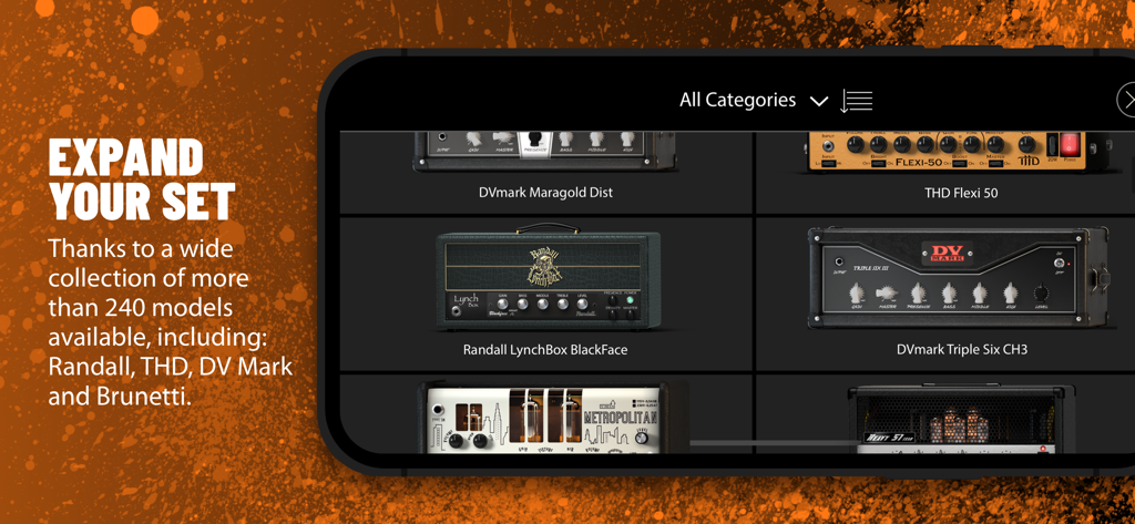 Overloud THU - Interfaz de la app Overloud THU que muestra una biblioteca de modelos virtuales de amplificadores de guitarra de marcas como Randall y DVmark