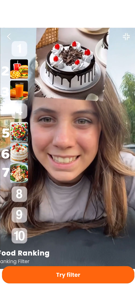 Ranking Filter Viral Challenge - A young woman using a food ranking filter app to rank a chocolate cake in a top 10 list