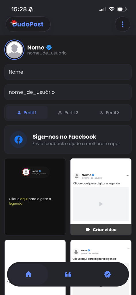 Quotes creator - DudoPost - The interface of the DudoPost app showing profile name and username settings with social media post templates in light and dark modes.