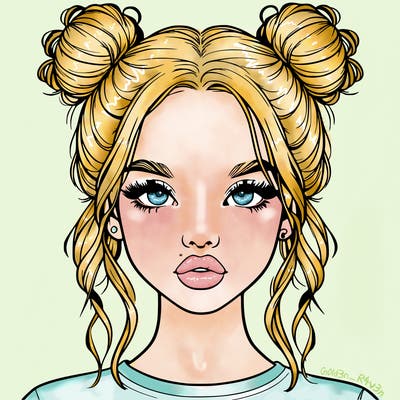realistic girl with two buns in hair and lips
