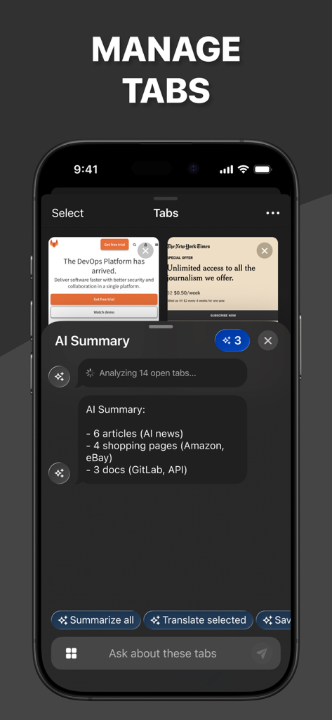 AI Browser ® - Interface de l'application AI Browser affichant le gestionnaire d'onglets IA avec un résumé catégorisé des onglets ouverts
