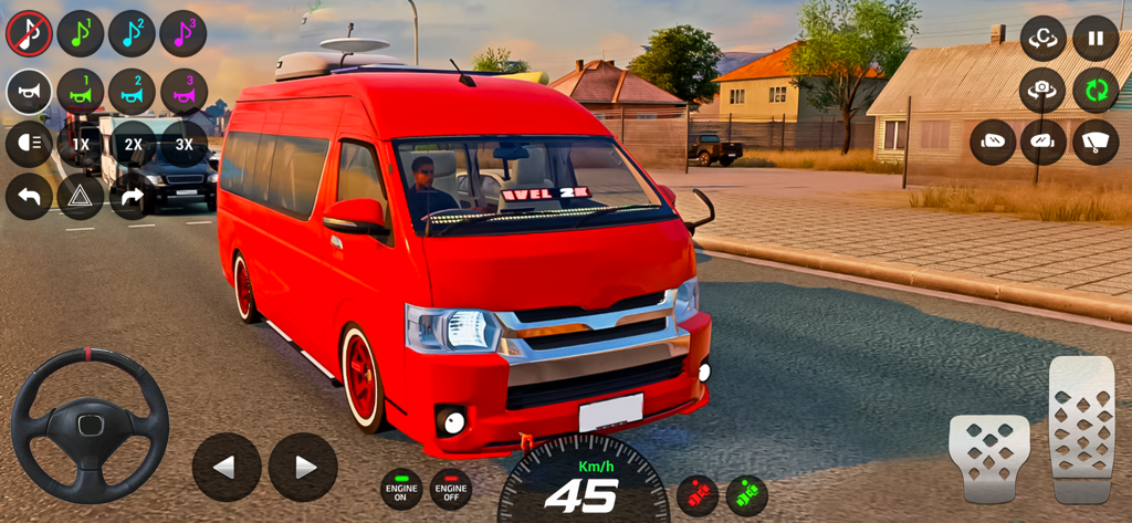 Dubai Van Simulator Game 3D - A red van driving on a city road with mobile game controls in Dubai Van Simulator Game 3D