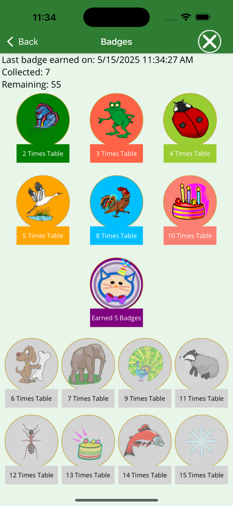 Display of colorful achievement badges for learning different multiplication tables.