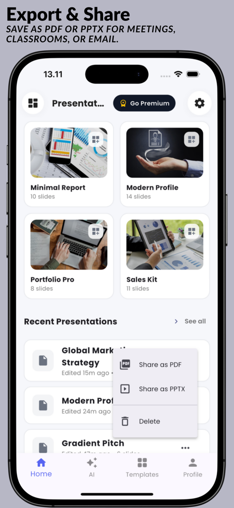 AI Slides : Presentation AI - AI Slides app interface showing presentation export options for PDF and PPTX formats