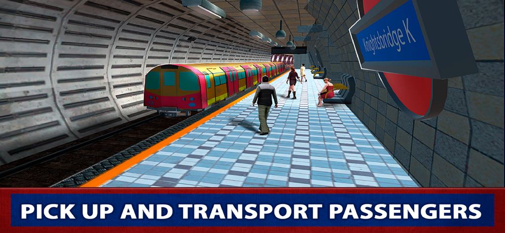 London Subway Simulator 2023 - A subway train stopped at Knightsbridge station platform with passengers waiting to board in London Subway Simulator 2023.