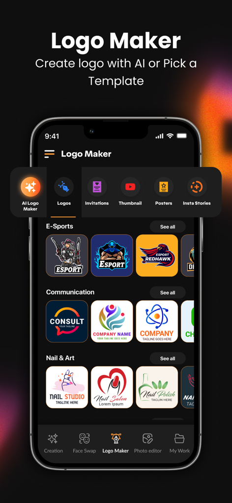 AI Logo Maker & Design Studio - Interfaz de la aplicación AI Logo Maker mostrando plantillas de logos para categorías de deportes, negocios y arte de uñas
