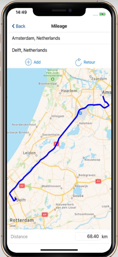 SRXP - SRXP app mileage tracking interface showing a travel route on a map and calculated distance