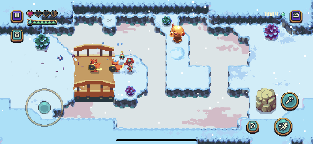 Sparklite - Top-down gameplay of Sparklite featuring a character on a wooden bridge in a snowy landscape.