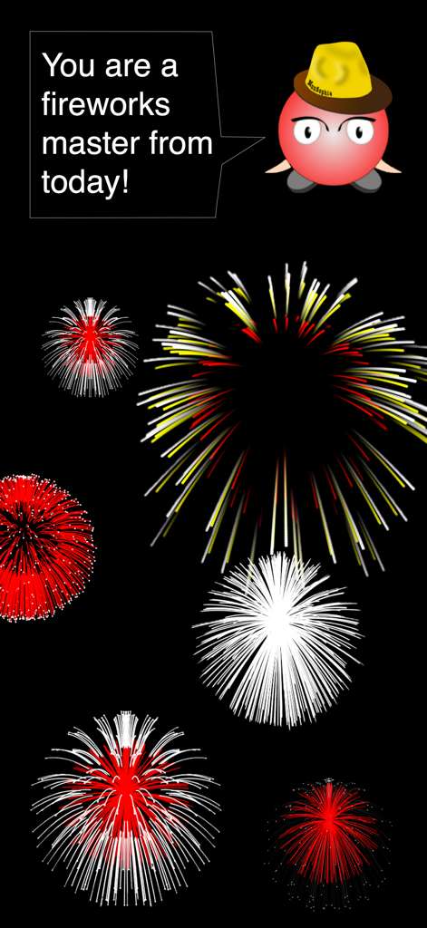 Let's start fireworks festival - Intro screen showing a cartoon character and fireworks with the message You are a fireworks master from today