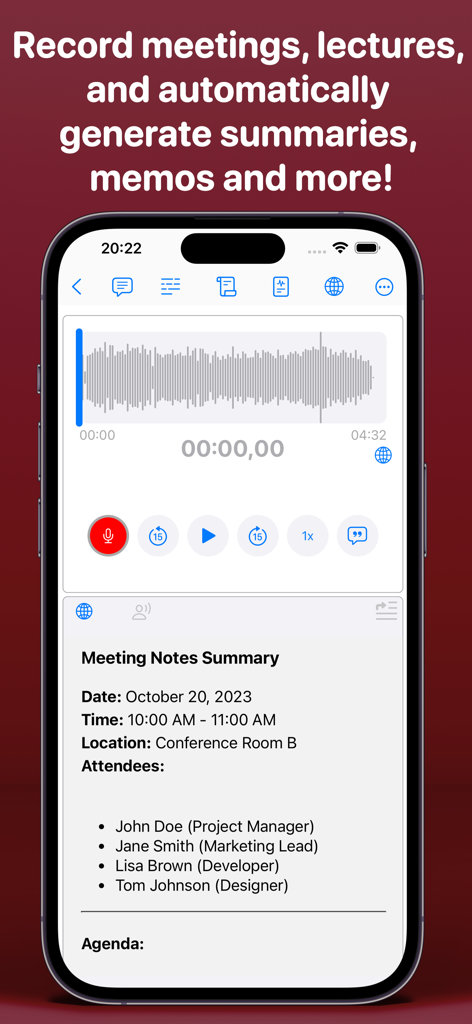 Aı Note Taker - Voice Notes - Interfaz de la aplicación AI Note Taker mostrando una grabación de audio y un resumen automatizado de notas de reunión con lista de asistentes