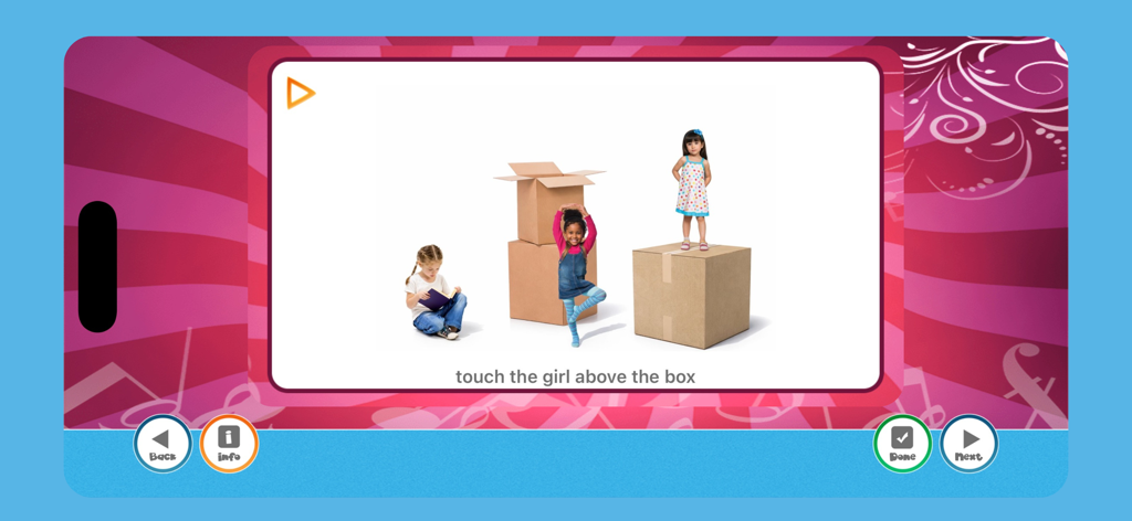 사용자에게 상자 위의 소녀를 터치하도록 요청하는 Preposition Remix 앱의 레슨 화면.