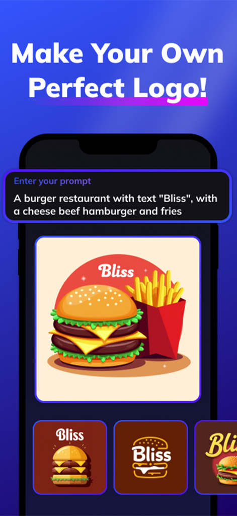 Sketch Logo AI: Logo Maker - Interface showing an AI-generated logo for a burger restaurant named Bliss
