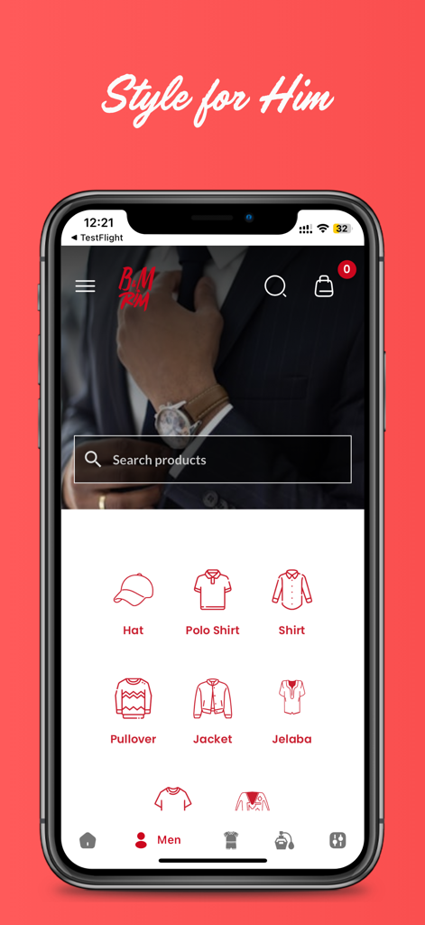 B&M Rim - Interfaz de la aplicación BM Rim mostrando categorías de ropa masculina como camisas, chaquetas y chilabas