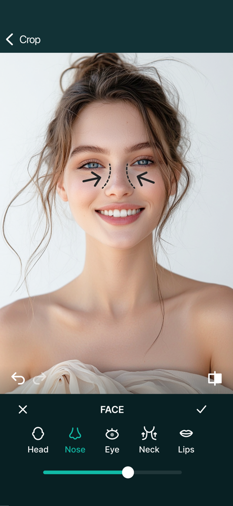 Interfaccia dell'app Tune Face and Body che mostra uno strumento di rimodellamento del naso sul ritratto di una donna