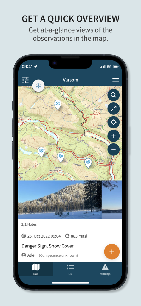 Varsom - Map view in Varsom app displaying mountain safety observations and snow conditions
