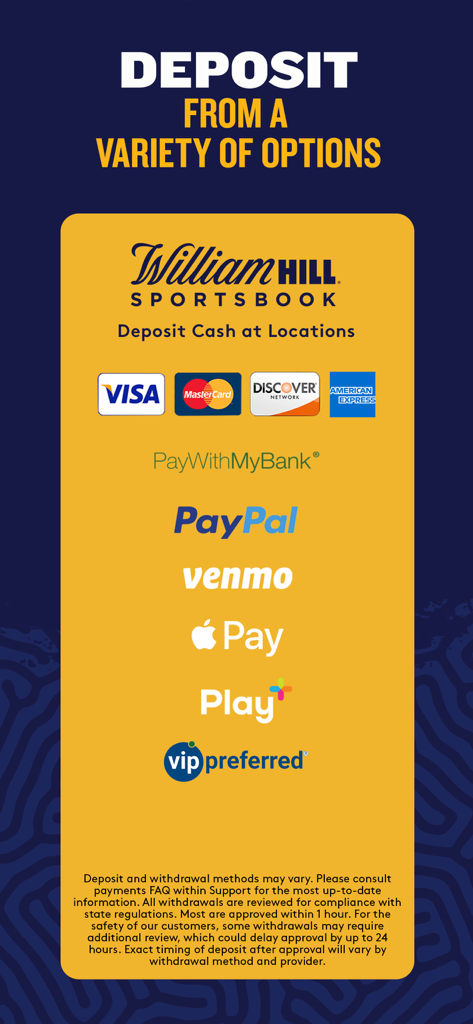 William Hill Nevada - Deposit options for William Hill Nevada including Visa Mastercard PayPal Venmo and Apple Pay