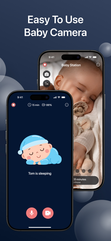 Baby Monitor Camera: Cry Alarm - Dois iPhones mostrando a interface do aplicativo de babá eletrônica com um feed de vídeo ao vivo de um bebê dormindo e uma tela de status da estação parental.