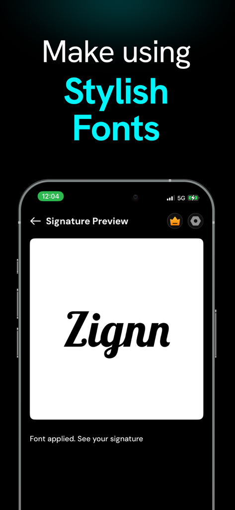 AI Signature Maker・Generator - Pantalla de smartphone mostrando una vista previa de una firma digital creada con una elegante fuente cursiva en la app Zignn.