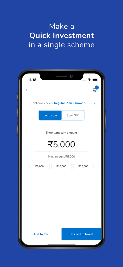 SBIMF InvestEasy - Interface de l'application SBIMF InvestEasy montrant le processus d'investissement rapide pour un fonds commun de placement en bloc.