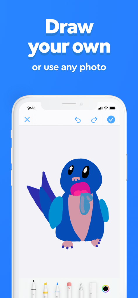 In-app drawing interface showing a custom blue character and digital art tools for card making