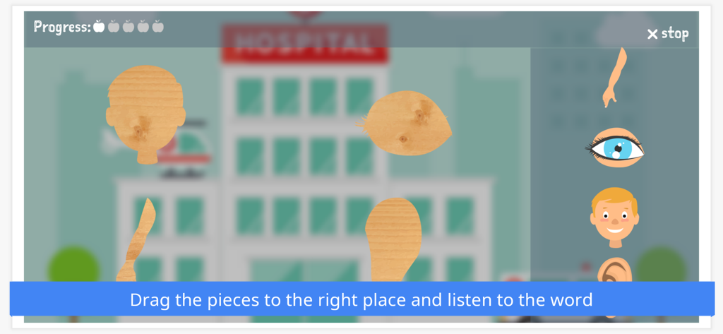Learn Languages With Emma - Un juego interactivo de rompecabezas de partes del cuerpo para niños ambientado en un hospital.