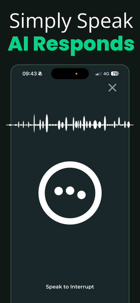 CAI Chat AI: Poly AI Assistant - Interface do aplicativo móvel CAI Chat AI mostrando chat por voz em tempo real com formas de onda de áudio