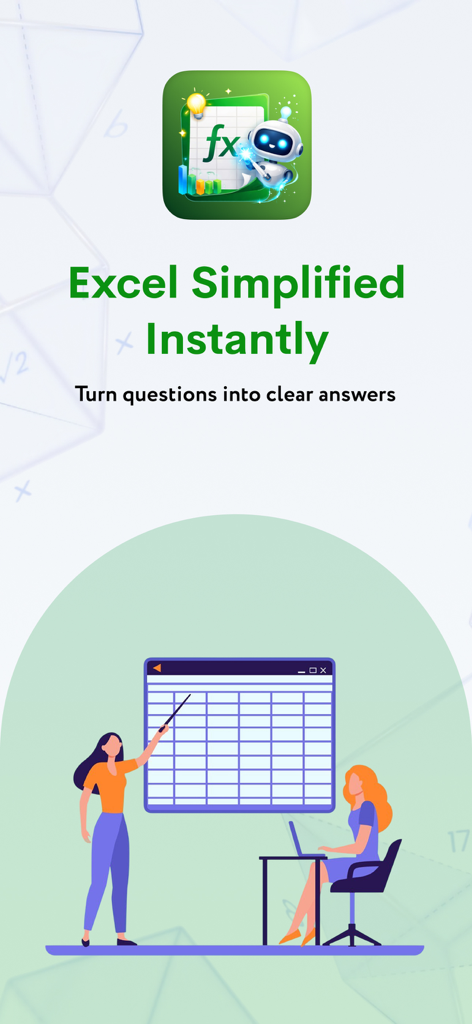 AI Excel Formula Generator - AI Excel Formula Generator app intro screen showing professionals working on a spreadsheet with the text Excel Simplified Instantly.