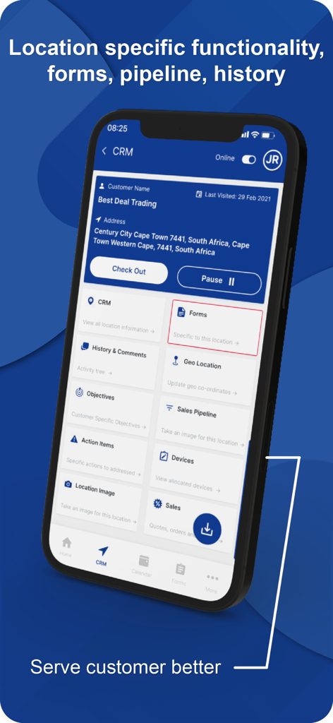 Geo CRM - Geo CRM mobile app interface displaying customer location details and field sales management features like history and sales pipeline