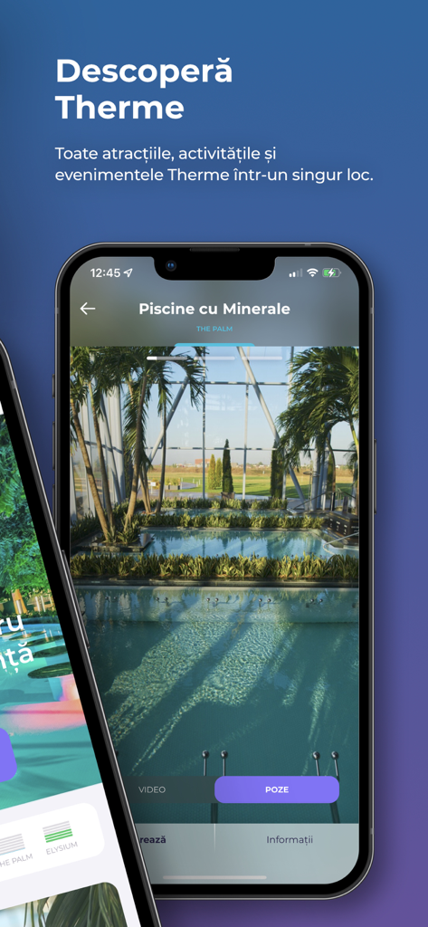 Smartphone screen showing mineral pools and palm trees at Therme wellness resort