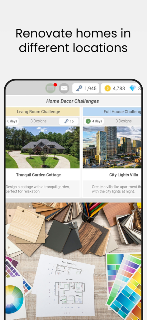 Home Decor - House Design Game - さまざまな家のスタイルとインテリアデザイン素材のホームデコレーションチャレンジを表示するモバイルゲームインターフェース