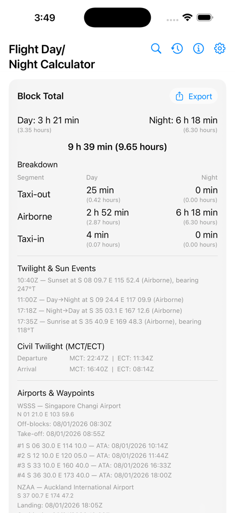 Flight Day/Night Calculator - Flight Day Night Calculator results screen showing a detailed breakdown of day and night flight hours and twilight events