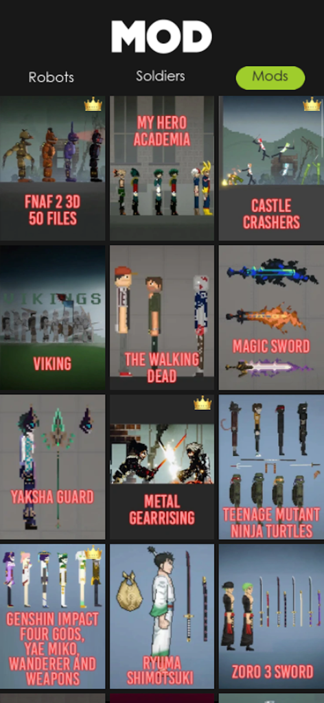 Mods For Playground Ragdoll 3D - A selection menu for character mods in a ragdoll sandbox game featuring pop culture icons like FNAF and anime characters.