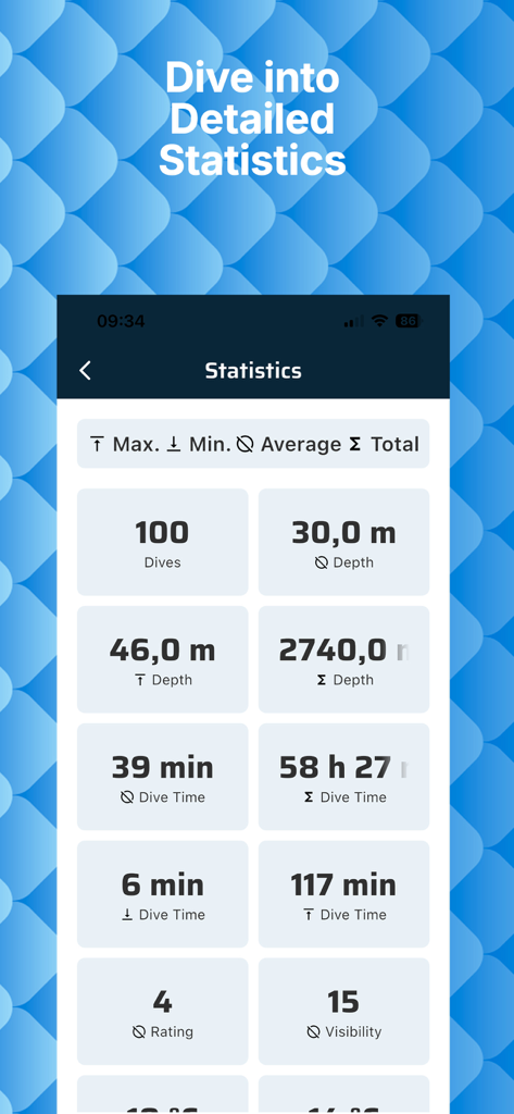 Mares App dashboard displaying detailed diving statistics including depth and dive time data