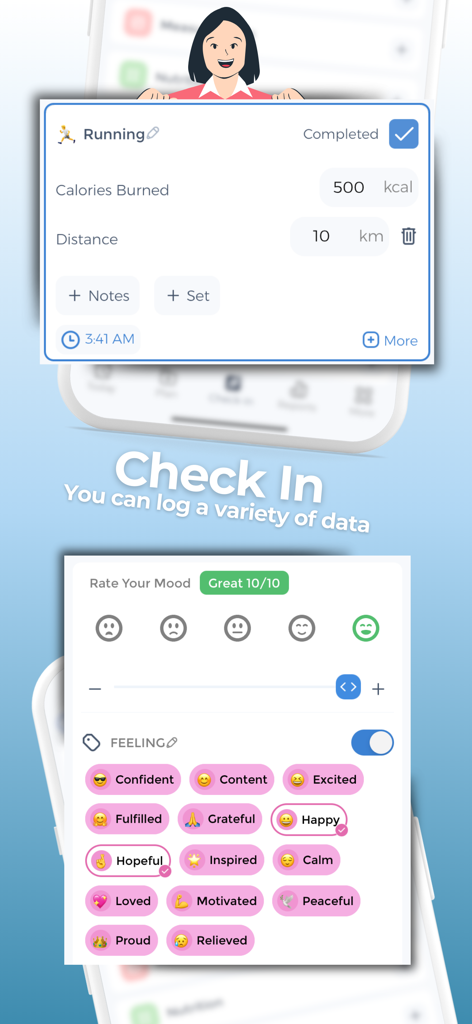 Tela de check-in do aplicativo Esana mostrando registro de exercícios e classificação de humor com tags de sentimentos.