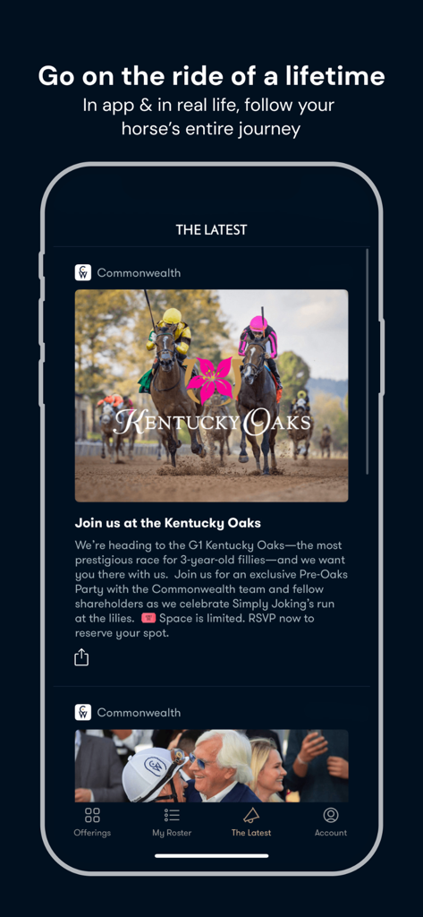 CMNWLTH - CMNWLTH app latest updates screen featuring Kentucky Oaks racehorse news and shareholder events