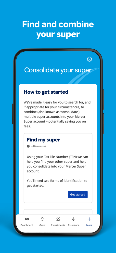 Mercer Super (Member App) - A mobile interface for the Mercer Super app showing options to find and combine superannuation accounts.