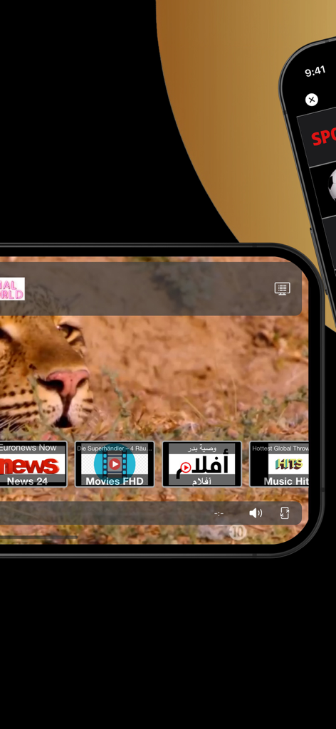 IPTV Streamer Max - Landscape view of the IPTV Streamer Max app showing a video player with a nature documentary and a channel selection overlay.