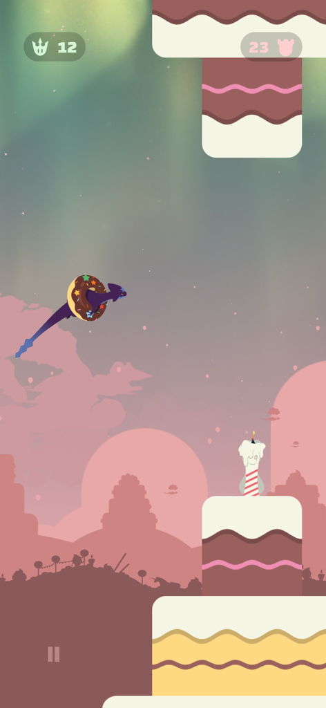 Flappy Dragon - A purple dragon wearing a donut flying through a pastel world filled with giant cake obstacles in the Flappy Dragon game