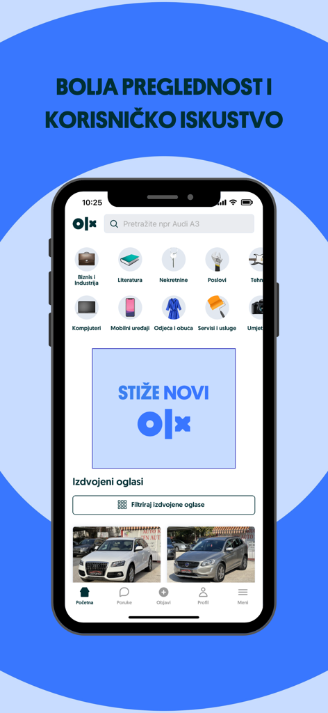 Smartphone displaying the OLX BiH marketplace homepage with shopping categories and car advertisements