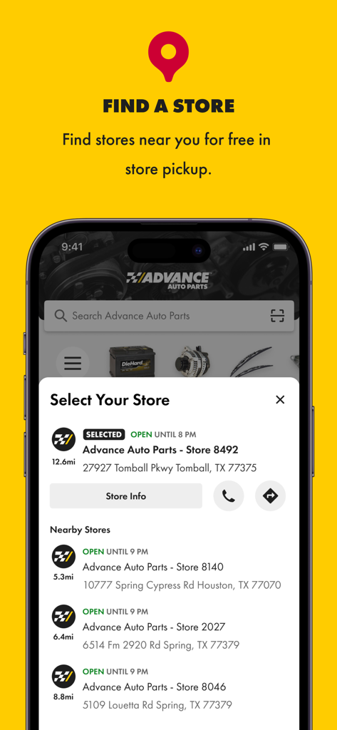 Advance Auto Parts + Tools/Acc - Advance Auto Parts app store locator screen showing nearby store locations and hours for in-store pickup