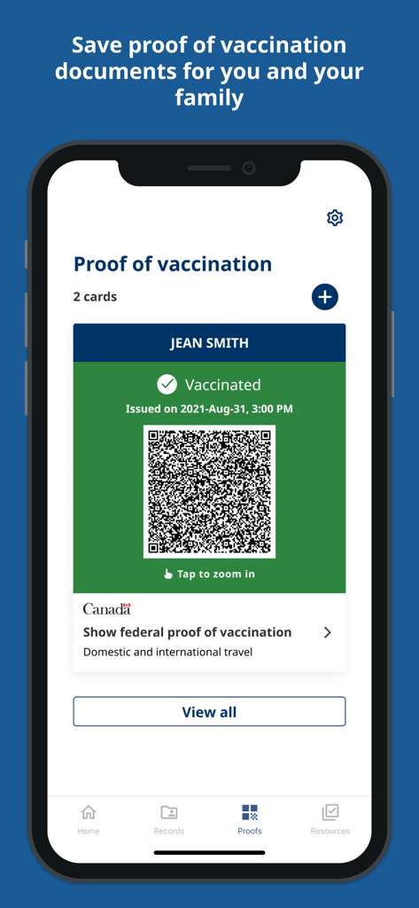 BC Health Gateway app screen showing a digital proof of vaccination card with a QR code for travel