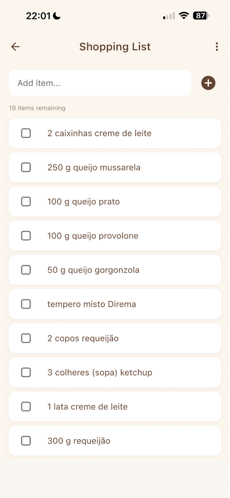 My Recipe Notebook - Digital shopping list feature in My Recipe Notebook app showing ingredients with checkboxes