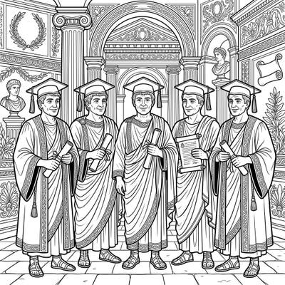 Step back in time to a momentous Roman celebration with this unique graduation coloring page. Adorn toga-clad senators in their academic caps and gowns, ready to embark on a colorful journey.
