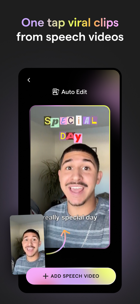 Oberfläche der Mojo App, die die Auto-Edit-Funktion zeigt, die einen viralen Clip aus einem Sprachvideo mit bunten Untertiteln erstellt.