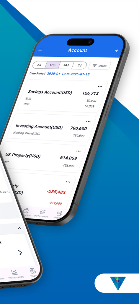 Vision Money:Net Worth & Goals - Mobile app interface of Vision Money showing a list of financial accounts including savings, investments, and real estate property balances in USD