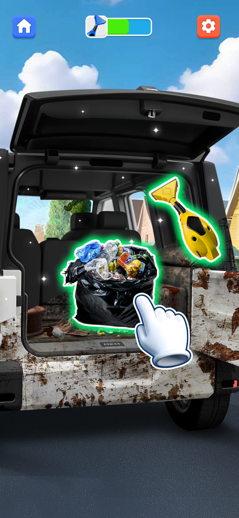 A player cleans out trash from the trunk of a dirty SUV in Car Makeover ASMR Games.