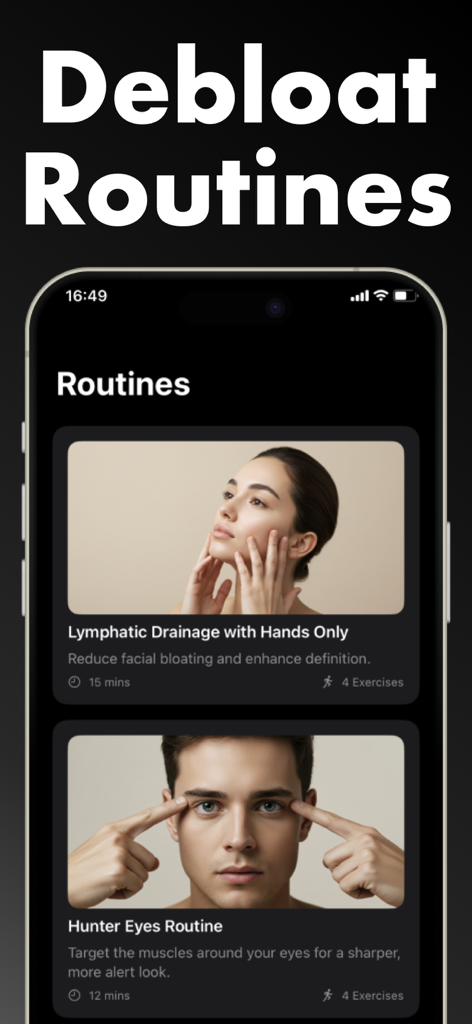 Der Bildschirm für Routinen der Debloat AI App mit Gesichtsübungen zur Lymphdrainage und Definition der Augenpartie.