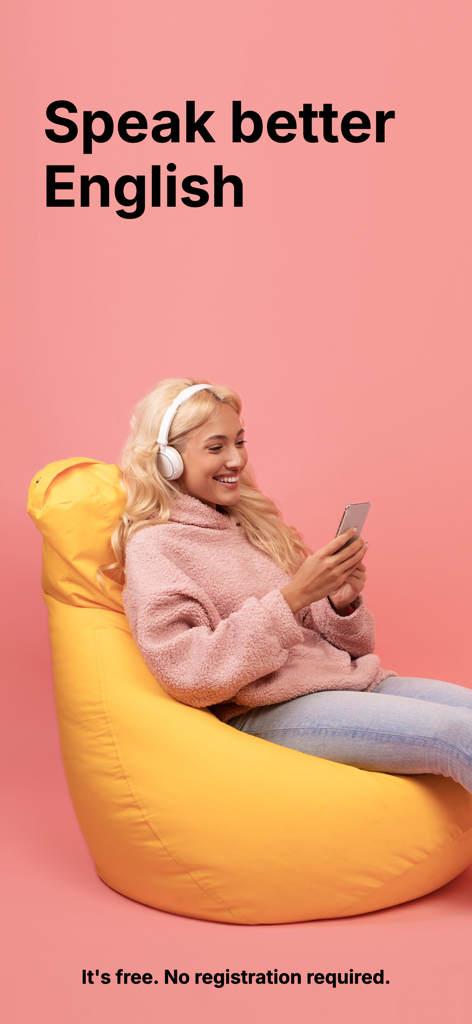 A young woman wearing headphones and practicing English with the Speakbolt app