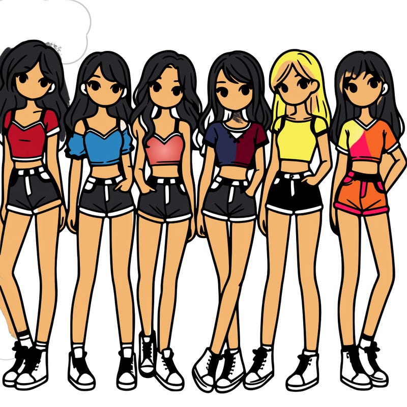 a group of girls wearing crop tops and shorts