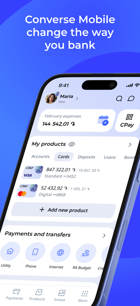 Converse Mobile - Interface of the Converse Mobile banking app showing account balances and payment options
